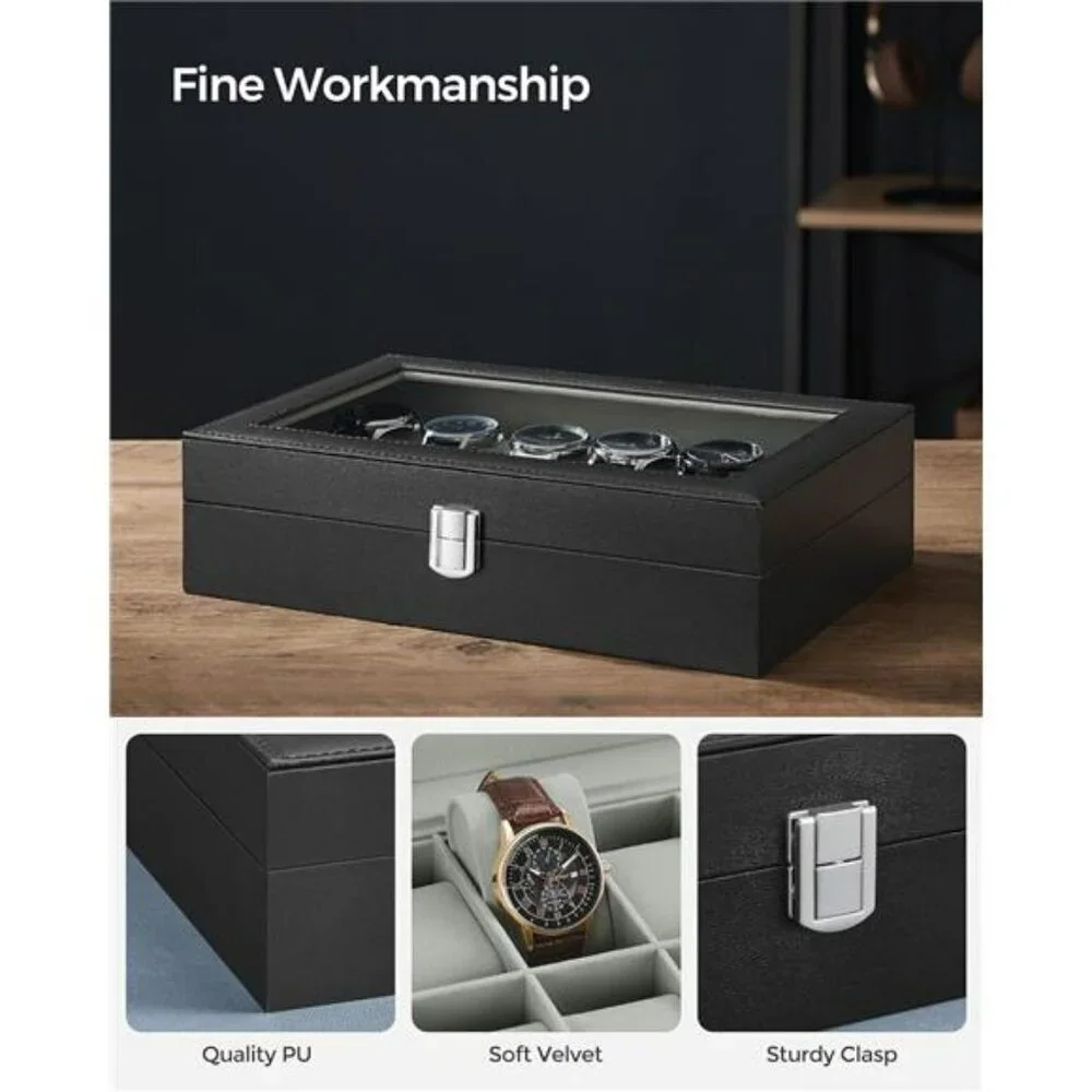 SONGMICS Watch Box 12 Slot Display Case Glass Lid Black Leather Organizer